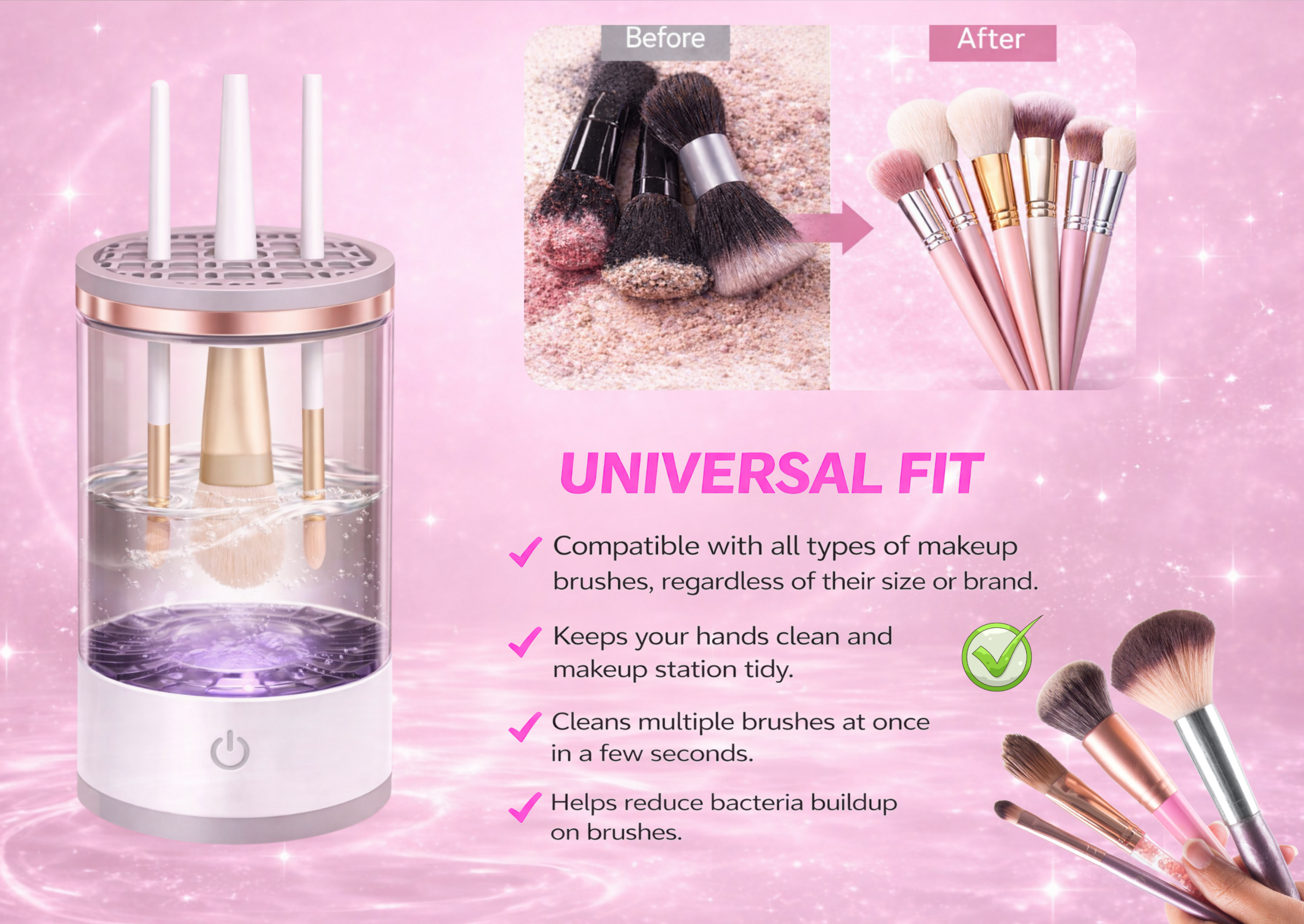 Makeup brush cleaner with before and after images on a pink background