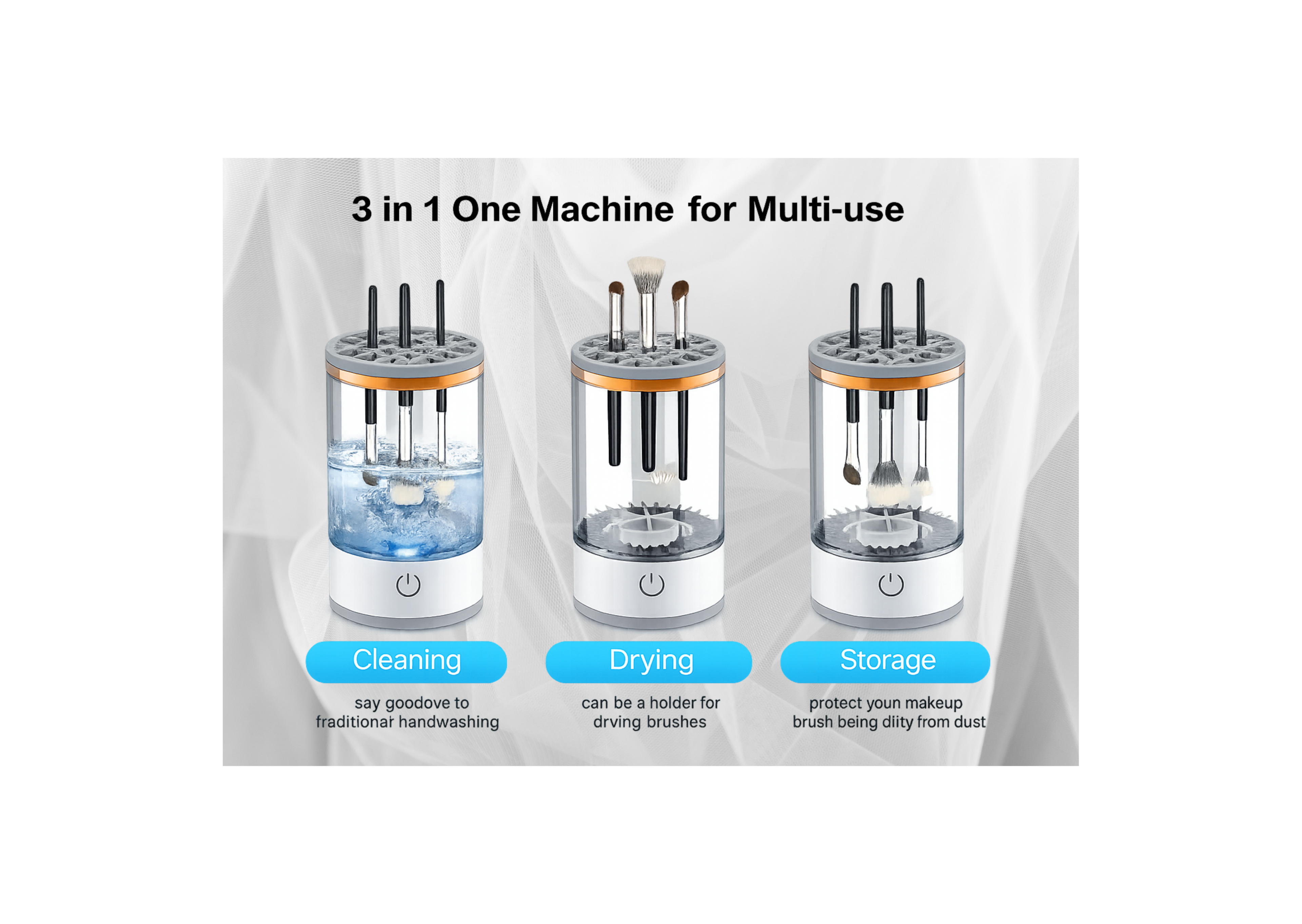 3-in-1 machine for cleaning, drying, and storing makeup brushes with labeled functions.