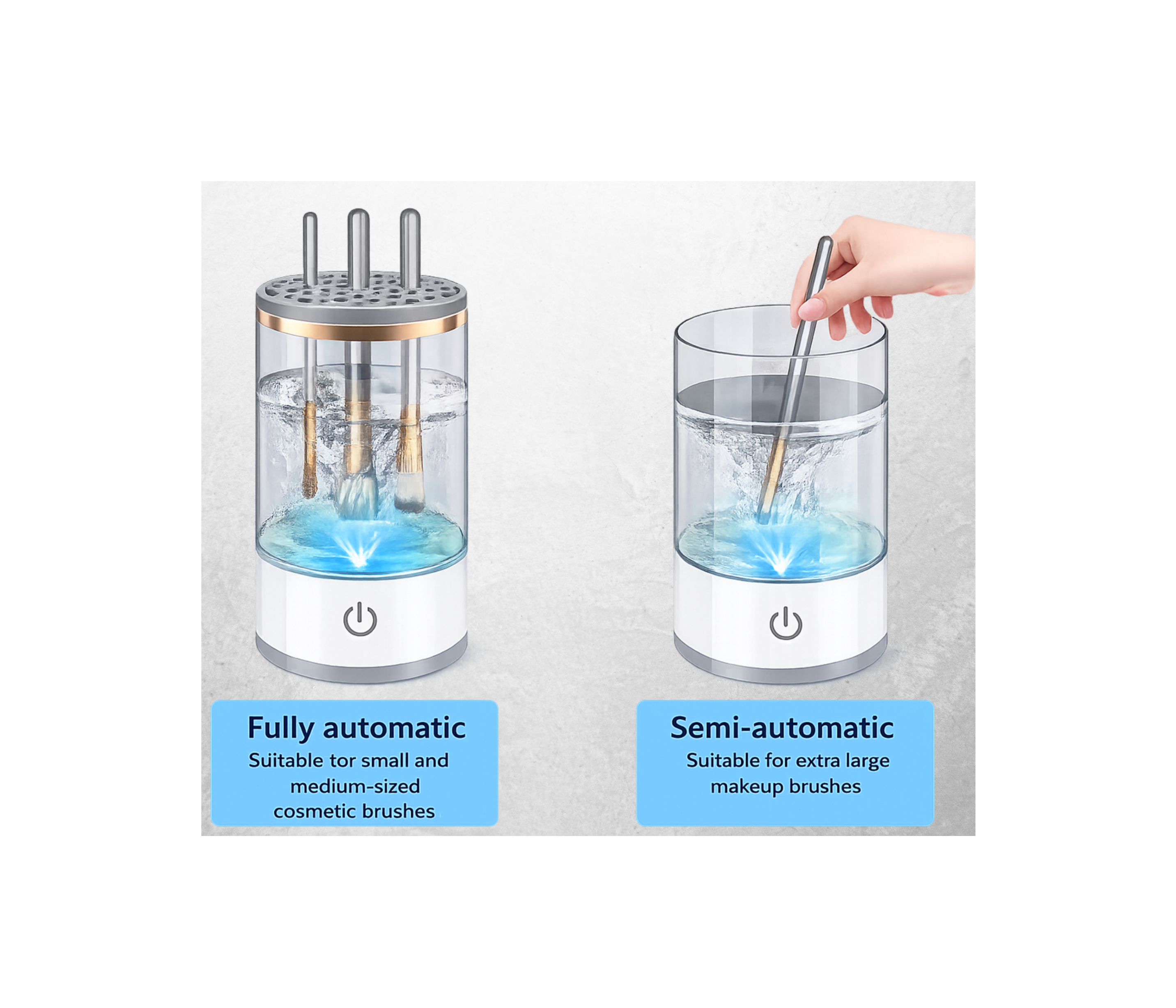 Two cleaning devices for makeup brushes, one fully automatic and one semi-automatic, on a light gray background.