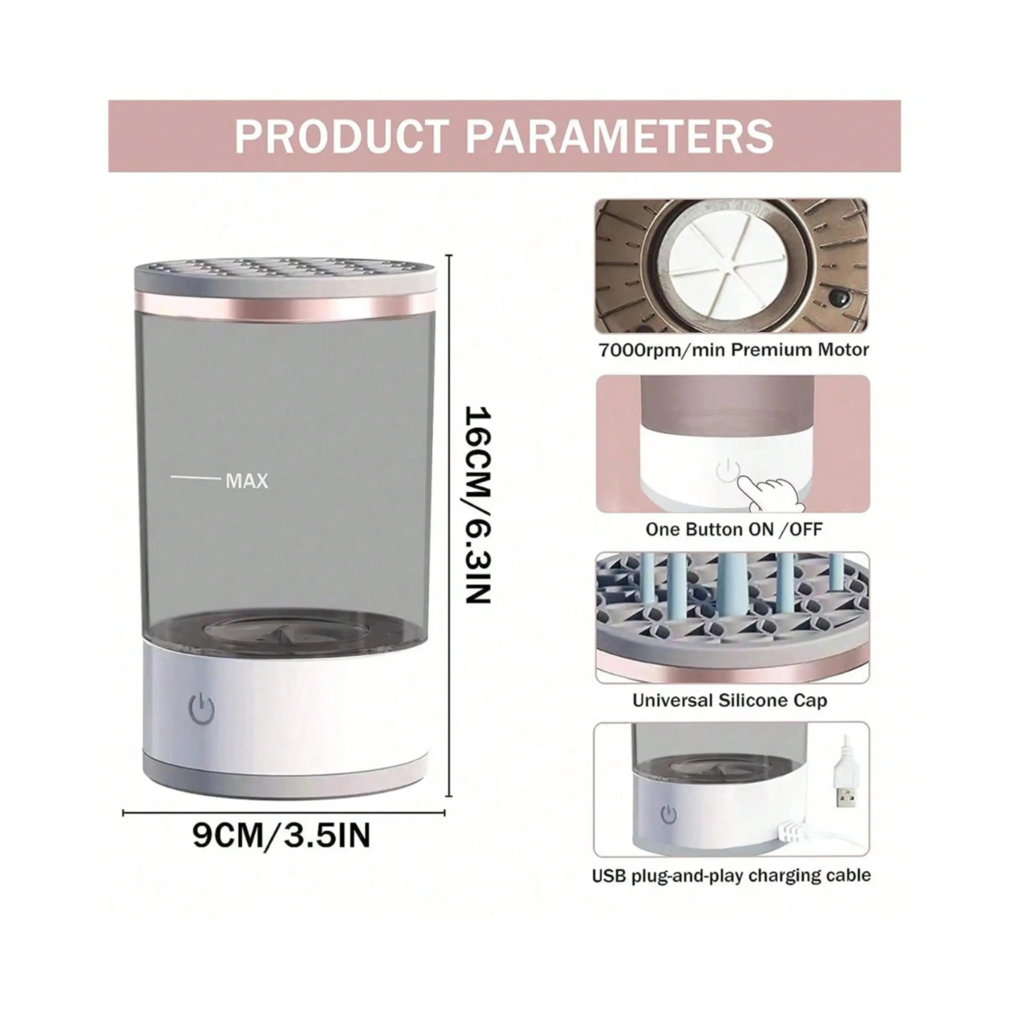 Product parameters of a cylindrical device with features and specifications.