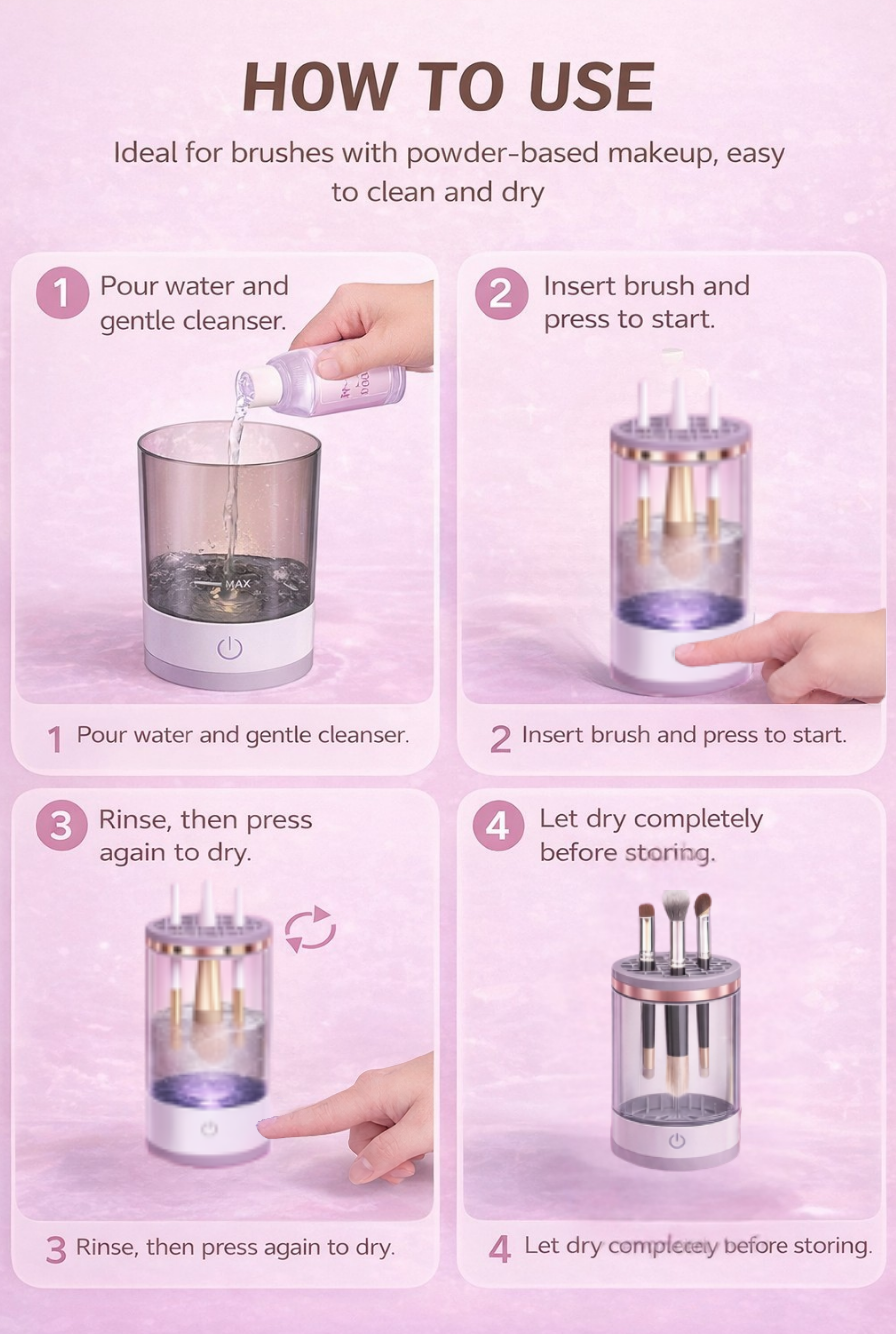 Instructions on how to use a brush cleaning device with four steps shown.