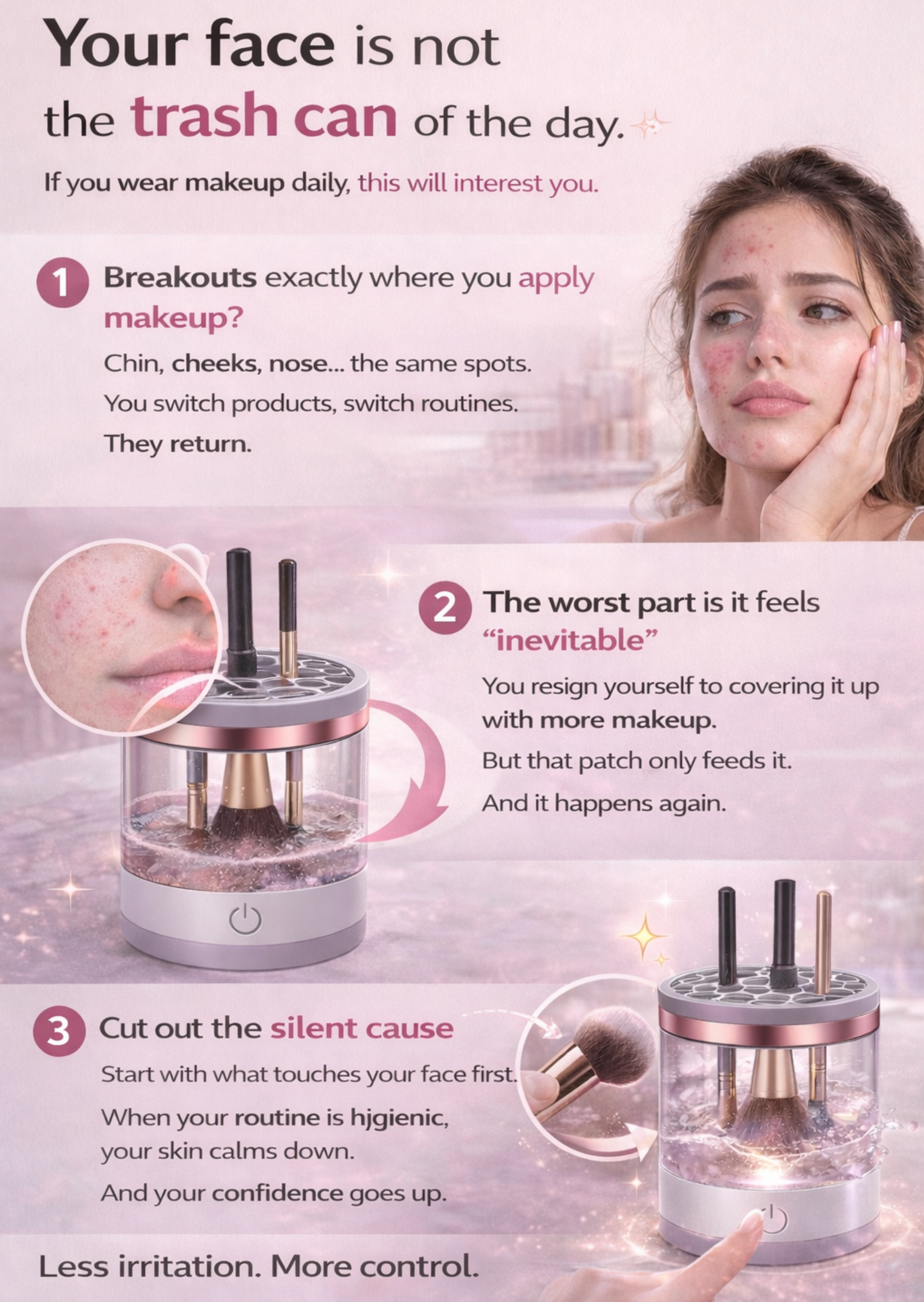 Advertisement about skincare issues and solutions with a woman applying makeup.